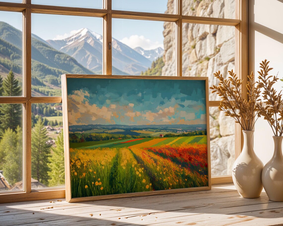 Vibrant Summer Wildflower Meadow Colorful Landscape Painting Poster - Image 3