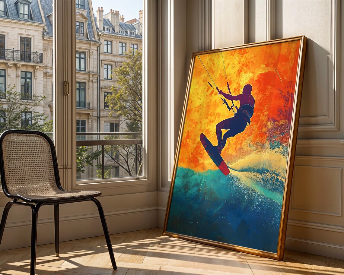 Kitesurfer Silhouette Fiery Sunset Ocean Waves Dramatic Sports Poster - Image 3