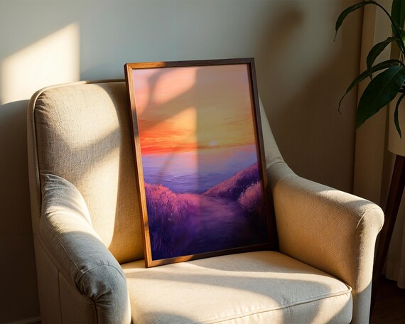 Purple Ocean Sunset Path Lavender Waves Impasto Seascape Art Poster