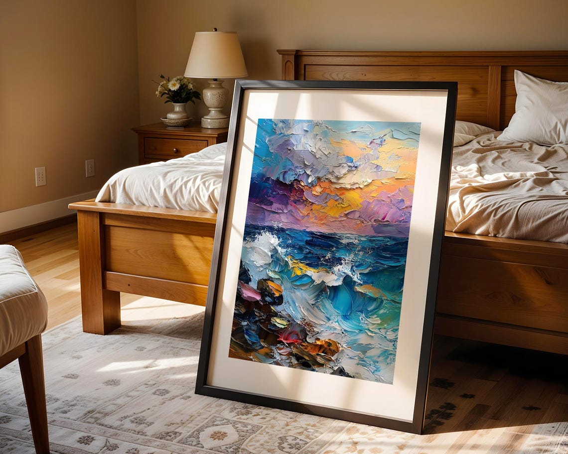 Ocean Sunset Waves Crashing Rocks Impasto Coastal Painting Poster - Image 4