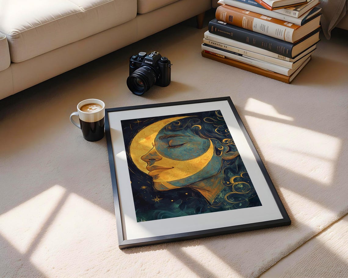 Crescent Moon Woman Face Gold Teal Celestial Dream Art Poster - Image 5