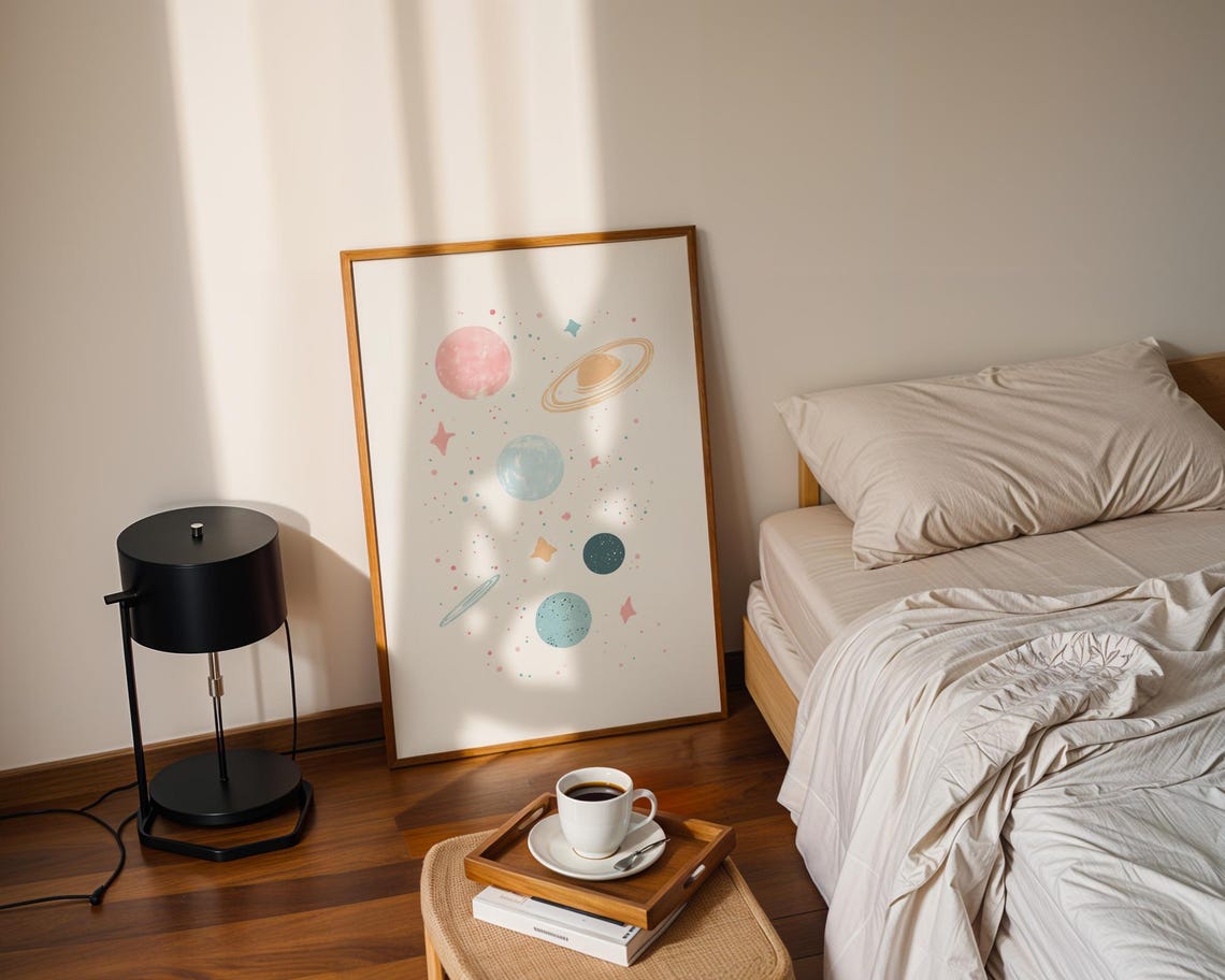 Cute Pastel Planets Stars Minimalist Nursery Space Art Poster - Image 2