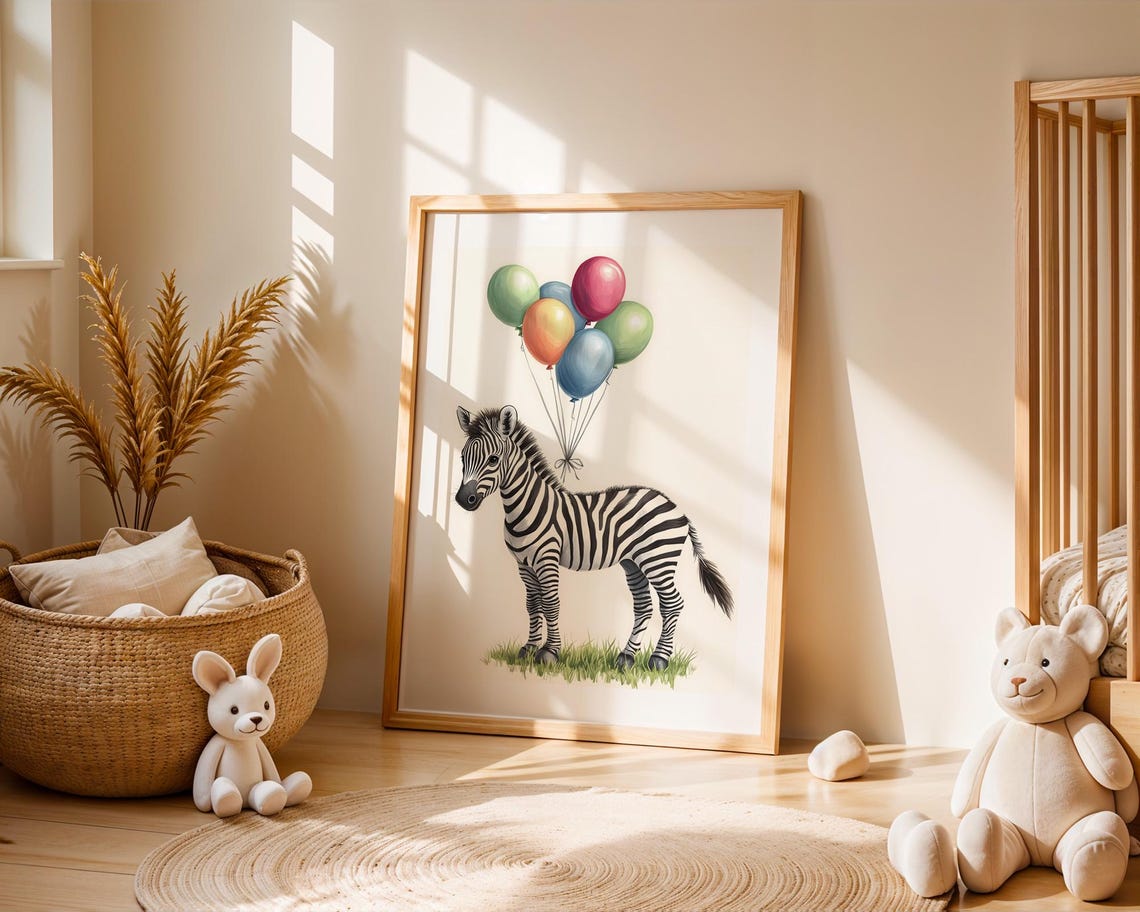 Cute Zebra With Colorful Balloons Whimsical Nursery Art Poster
