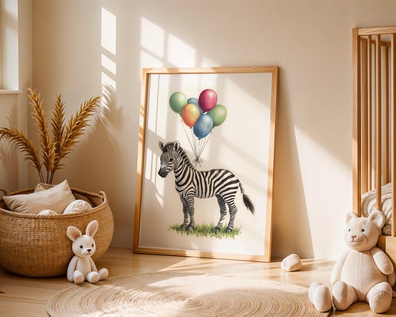 Cute Baby Zebra Balloon Nursery Wall Art Print Whimsical Safari Animal Illustration Jungle Theme Kids Playroom Room Home Decor Gift