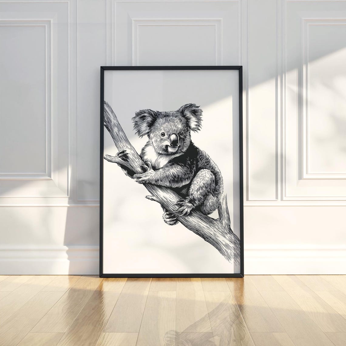 Cute Koala Branch Black White Sketch Australian Wildlife Poster
