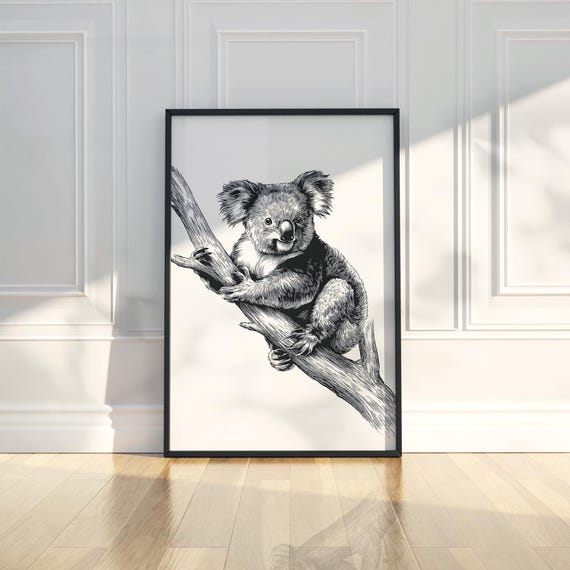 Koala Ink Sketch Line Art Simple Animal Illustration Drawing Trendy Poster Wall Print Modern Home Decor Gift