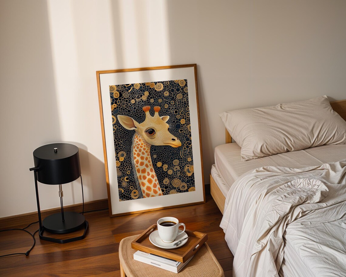 Stylized Giraffe Head Gold Navy Mosaic Safari Animal Art Print - Image 2