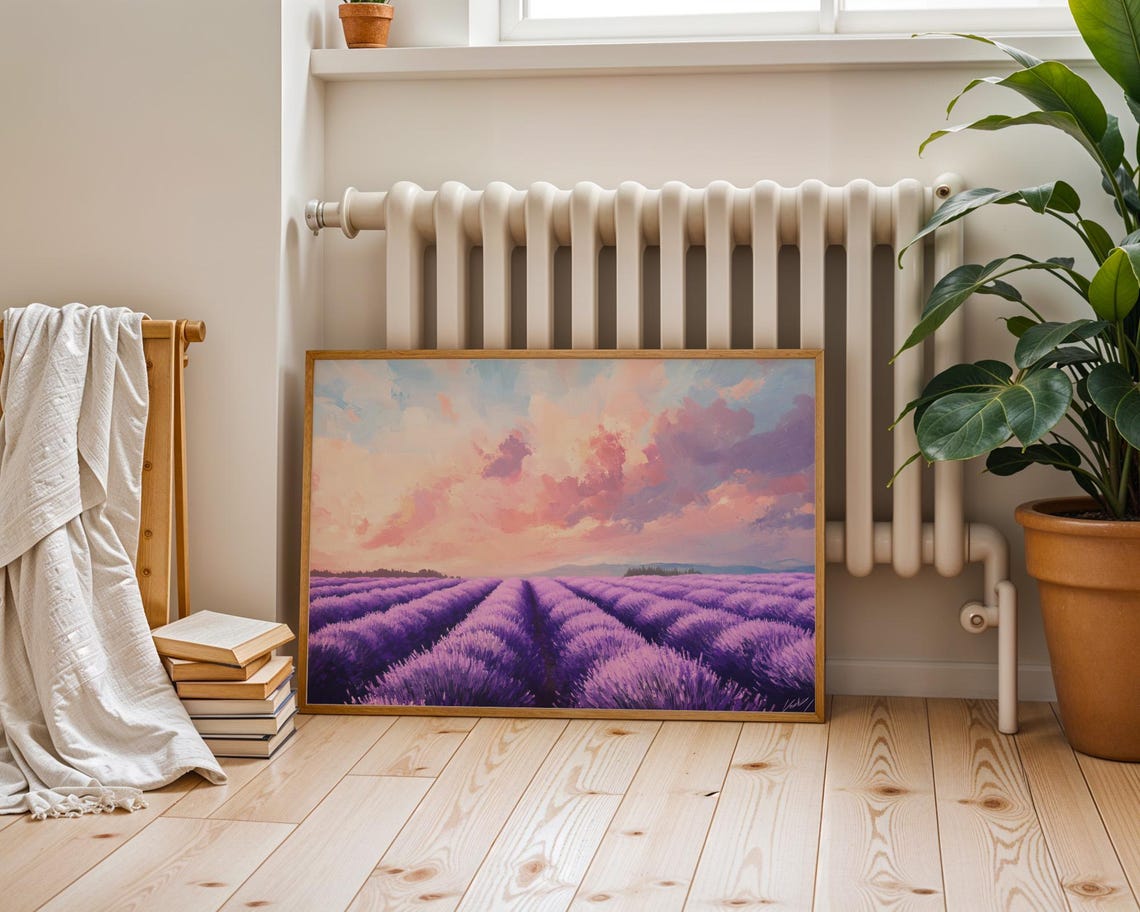 Lavender Rows Sunset Pink Clouds Dreamy Purple Field Landscape Poster - Image 4
