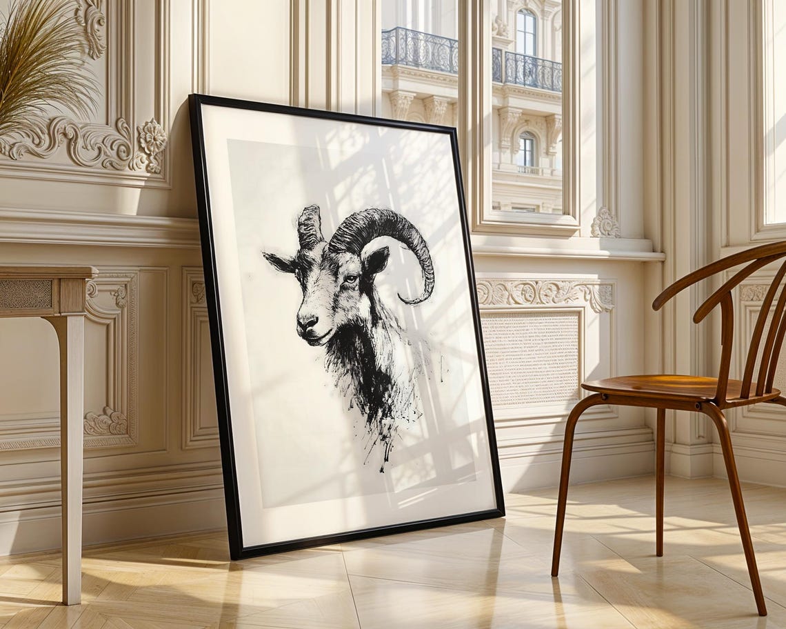 Ram Head With Curled Horns Charcoal Sketch Minimalist Poster - Image 4