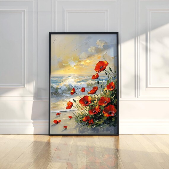 Red Poppies at Sunset Coastal Oil Painting Floral Seascape Poster