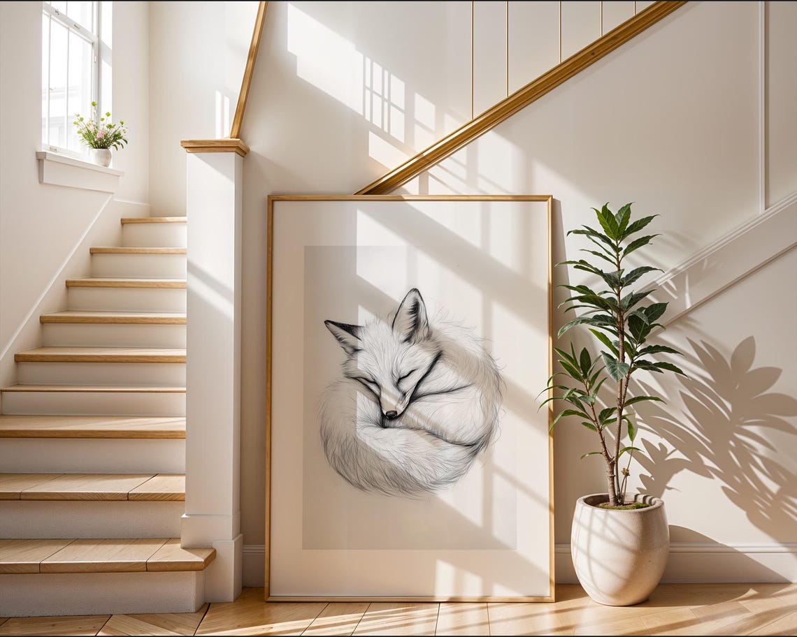 Sleeping Fox Pencil Sketch Wall Art Monochrome Wildlife Poster Nursery Living Room Office Decor And Study - Image 2