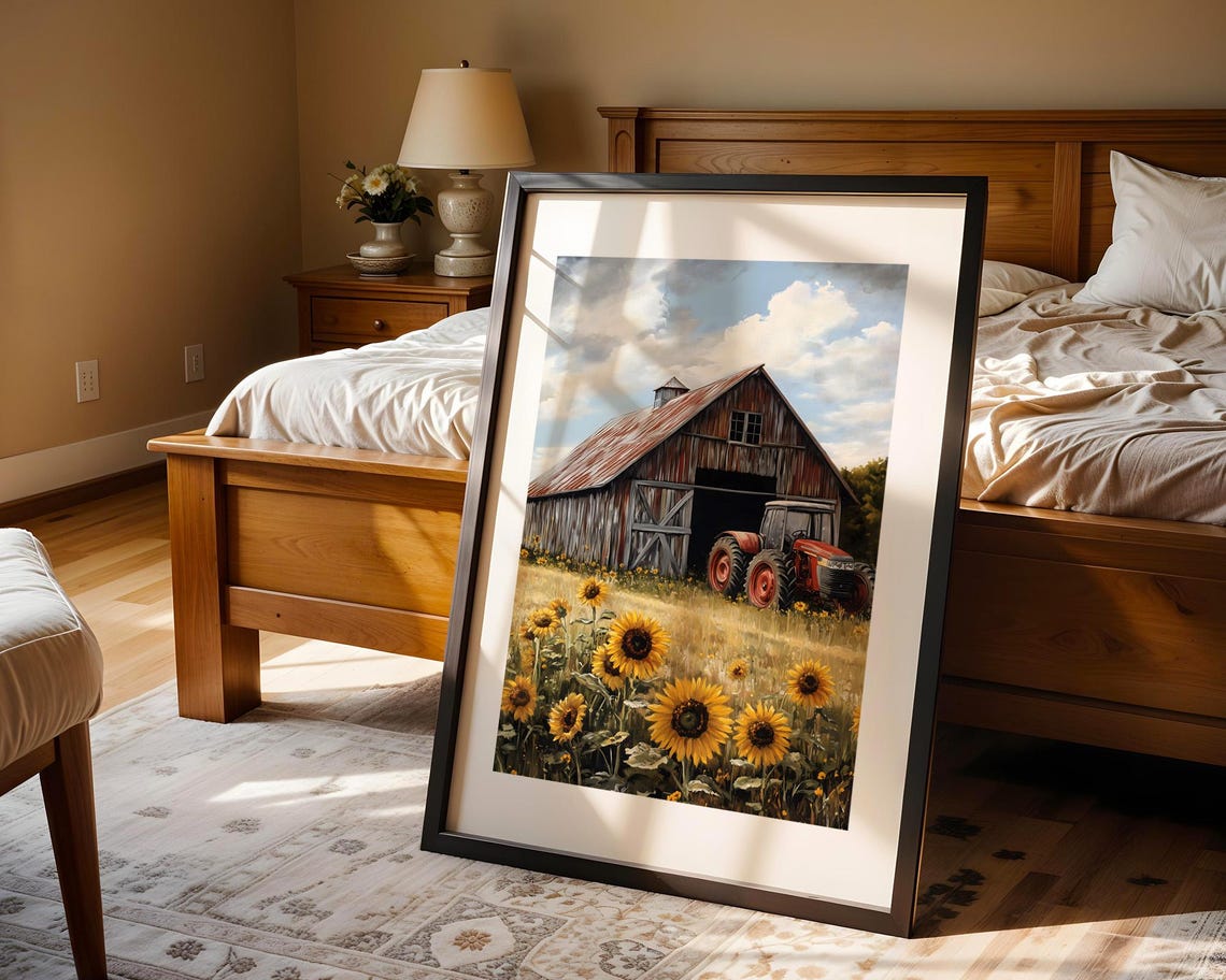 Red Barn Tractor Sunflower Field Rustic Farm Landscape Poster - Image 4