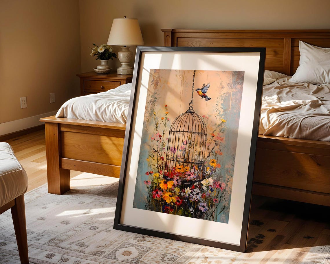 Bluebird Freedom Above Birdcage with Wildflowers Painting Poster - Image 4