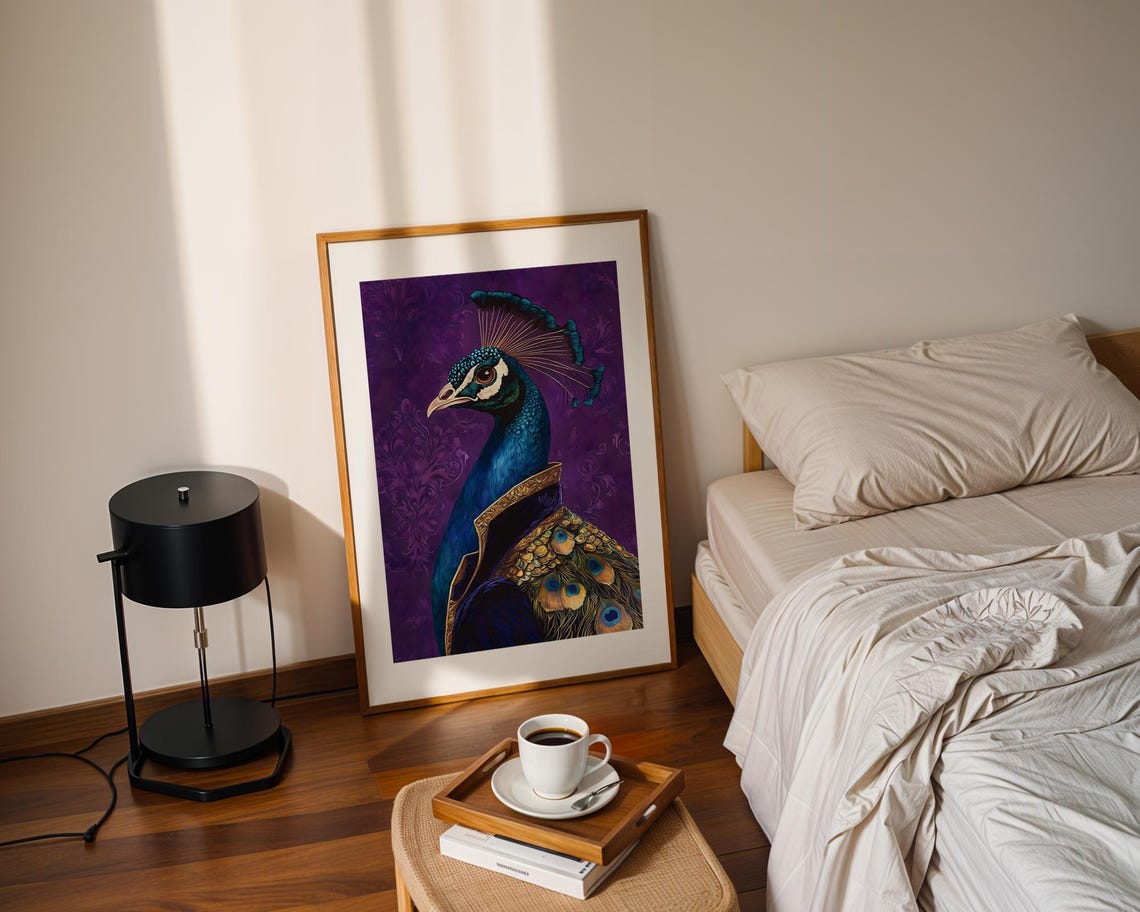 Peacock Portrait Purple Damask Elegant Royal Bird Luxury Art Poster - Image 2