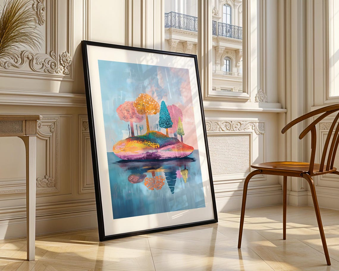 Whimsical Colorful Island Trees Reflecting in Water Art Poster - Image 4