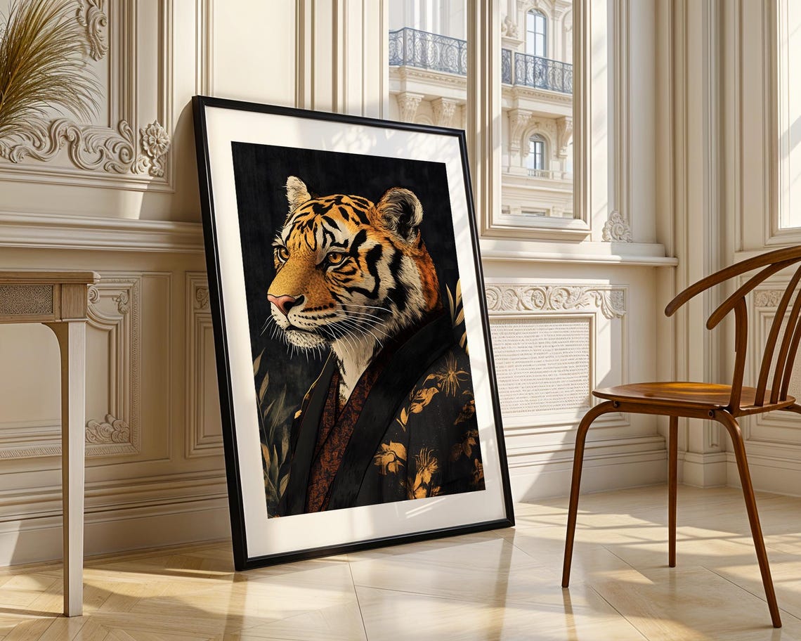Tiger Portrait Wearing Floral Kimono Dark Japanese Style Wall Art