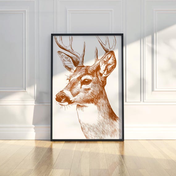 Deer Line Art Pencil Sketch Animal Illustration Drawing Trendy Poster Wall Print Modern Home Decor Gift