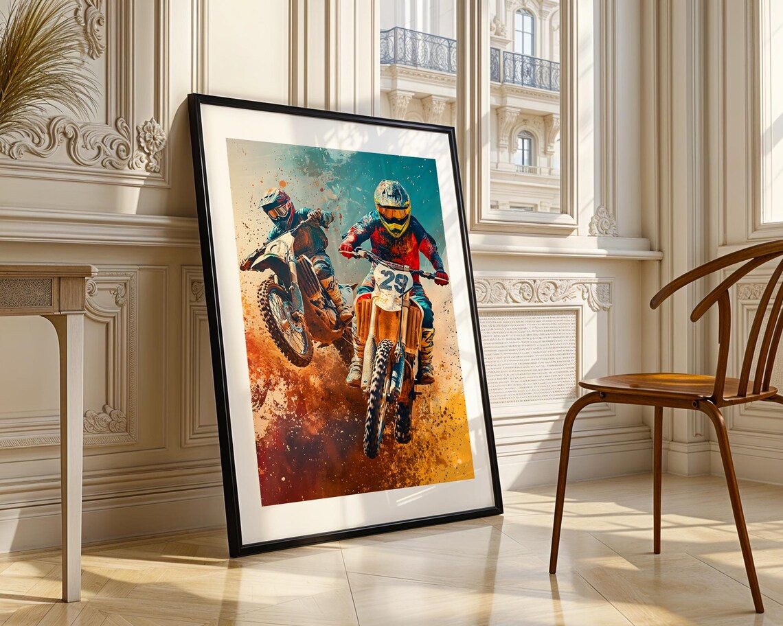 Two Motocross Riders Racing Dirt Bikes Watercolor Sports Print - Image 4