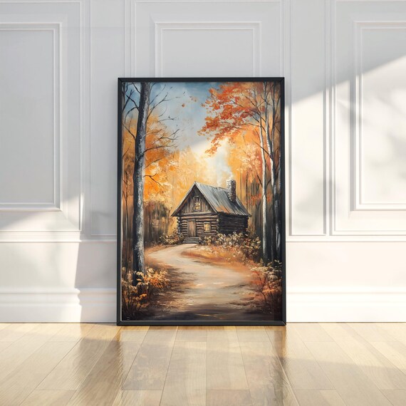 Autumn Forest Log Cabin Fall Foliage Cozy Landscape Painting Poster