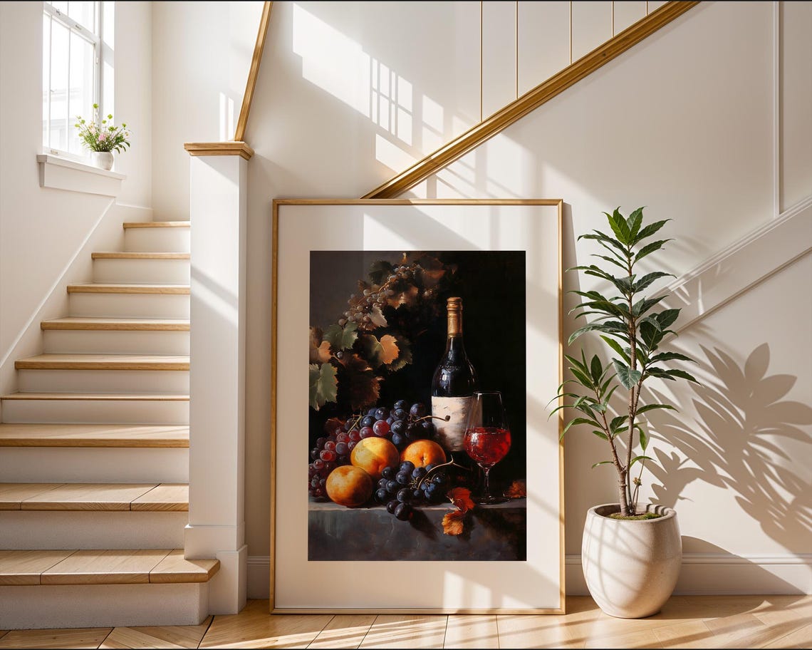 Wine Bottle Grapes Dark Still Life Oil Style Classic Dining Poster - Image 4