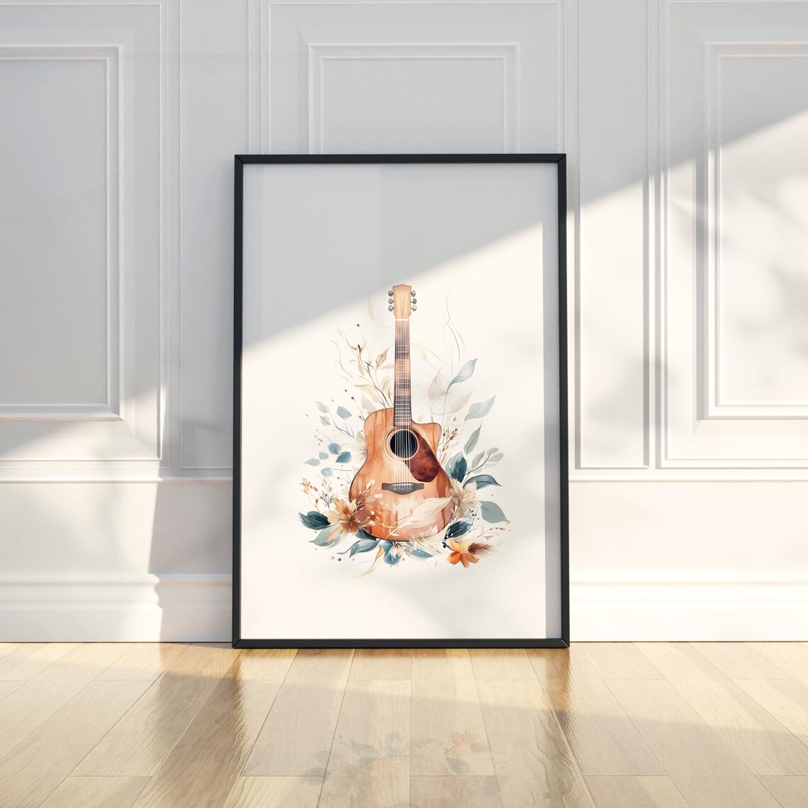 Acoustic Guitar Watercolor Botanical Floral Music Room Wall Art