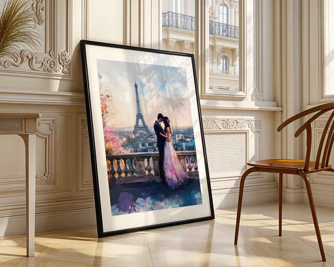 Eiffel Tower Couple Embrace Paris Rooftops Painterly Art Poster - Image 3