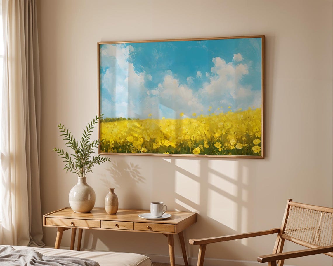 Yellow Wildflower Meadow Blue Sky Summer Landscape Floral Poster