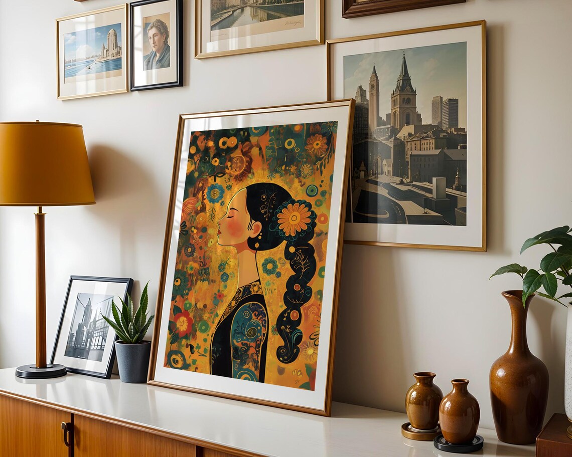 Art Nouveau Woman Floral Profile Klimt Style Gold Decorative Poster - Image 5