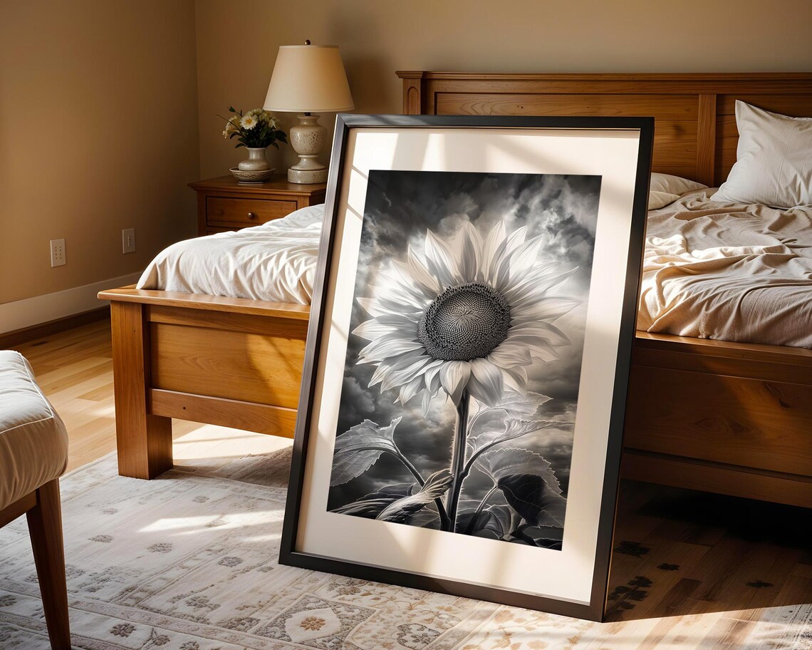 Sunflower Bloom Against Stormy Sky Black and White Photo Poster - Image 4