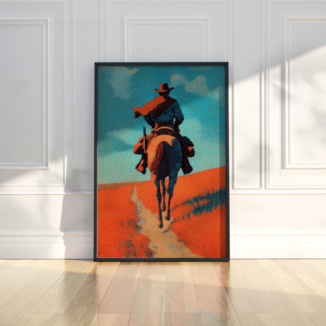 Lone Cowboy Riding Into Sunset Desert Trail Western Art Poster