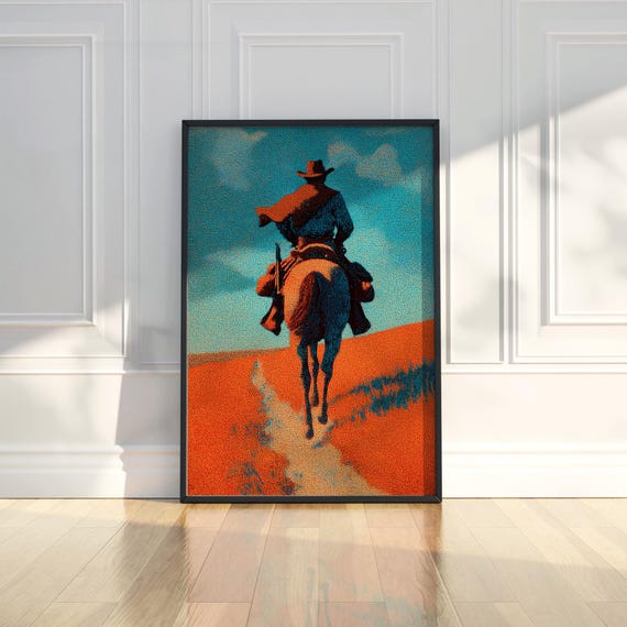 Abstract Cowboy Horseback Riding Desert Painting Western Trendy Poster Wall Art Print Rustic Home Decor