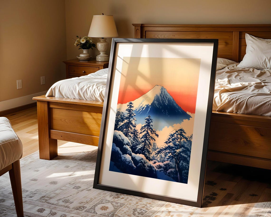 Snowy Mount Fuji Winter Red Sky Japanese Woodblock Art Poster - Image 4