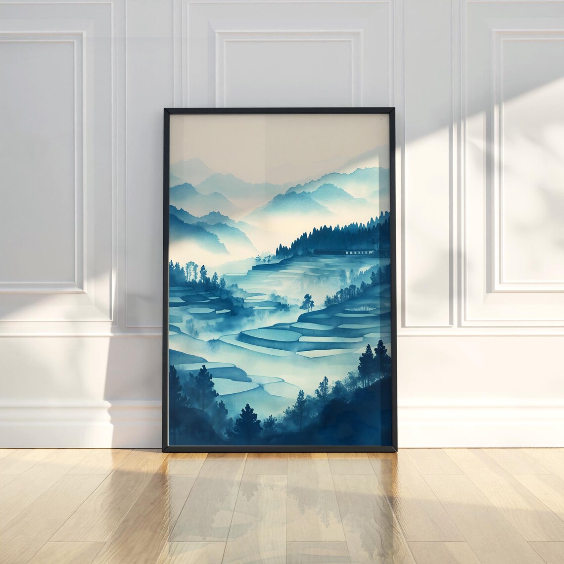 Blue Rice Terraces Mountain Misty Watercolor Japanese Art Poster