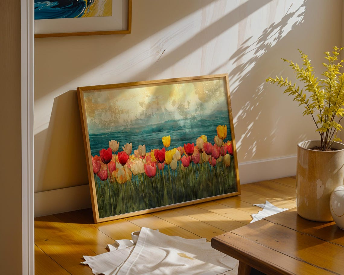 Colorful Tulips Teal Water Impressionist Spring Bloom Landscape Poster - Image 5
