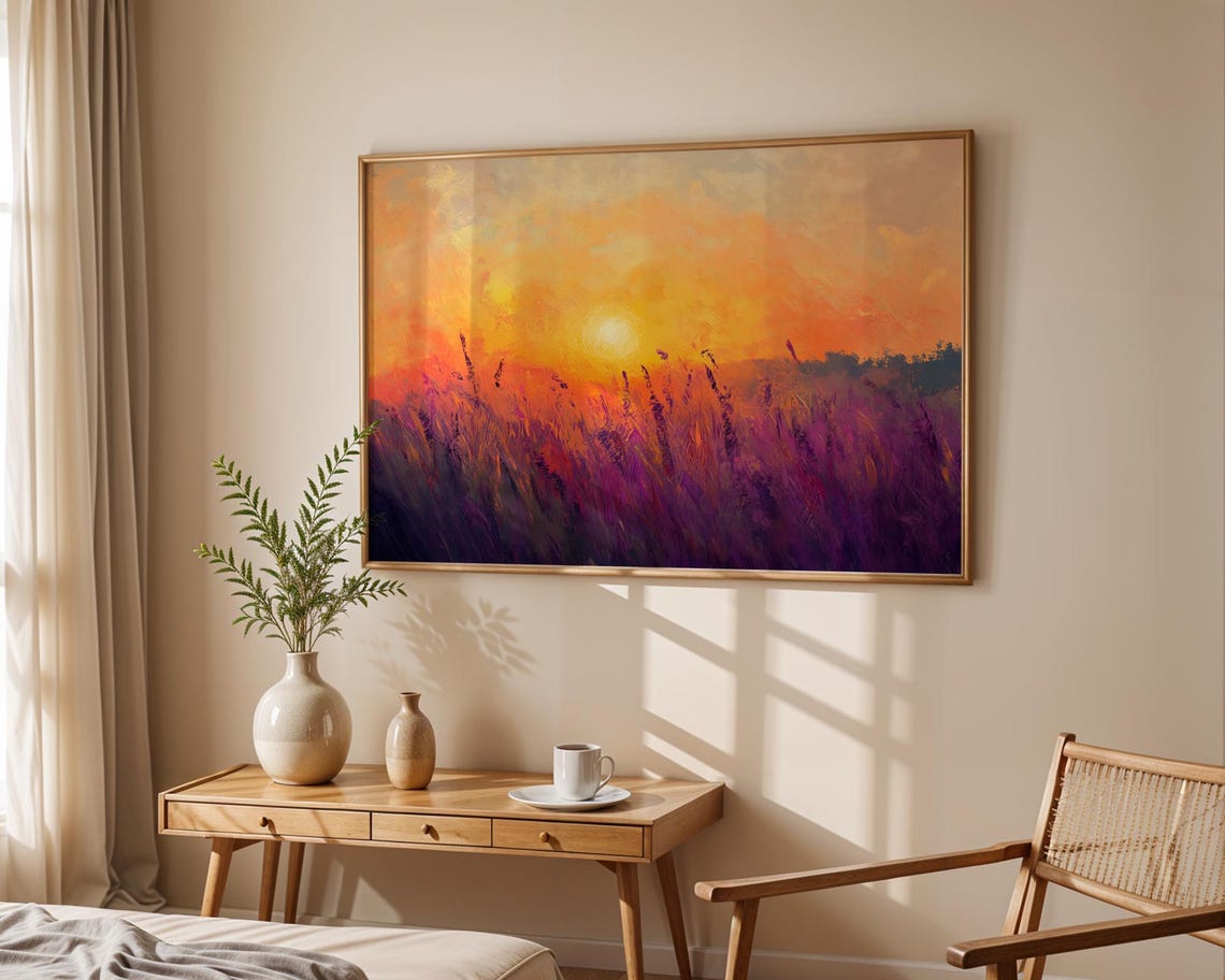 Lavender Field Sunset Floral Wall Art Print Oil Painting Purple Flower Landscape Nature Serene Home Decor Living Room Bedroom - Image 4