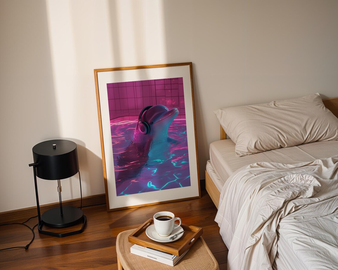 Dolphin Wearing Headphones Neon Pink Pool Futuristic Fun Animal Poster - Image 2
