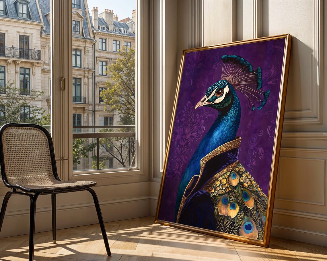 Peacock Portrait Purple Damask Elegant Royal Bird Luxury Art Poster - Image 3