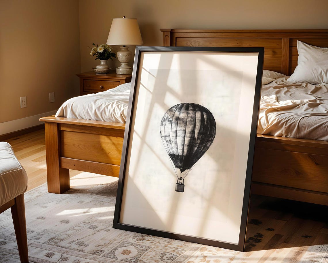 Dreamy Vintage Hot Air Balloon Charcoal Sketch Minimalist Poster - Image 5