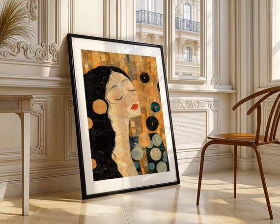 Golden Dream Wall Art Print Abstract Woman Portrait Klimt Inspired Illustration Elegant Modern Decor