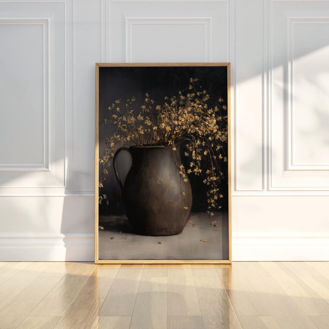 Dark Rustic Vase with Golden Dried Wildflowers Moody Oil Poster