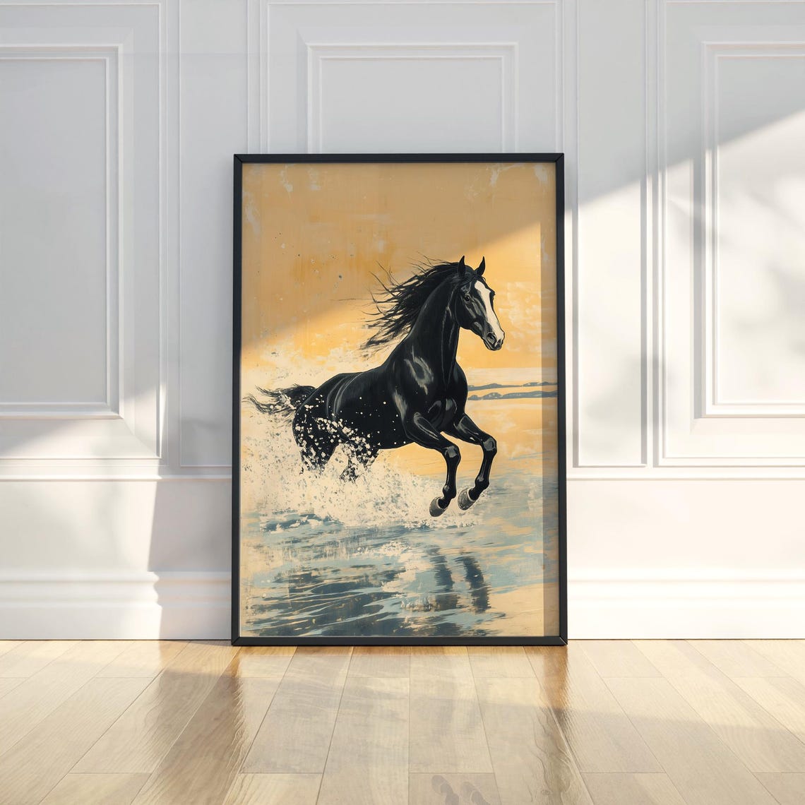 Black Horse Galloping Through Water Golden Sky Painting Poster
