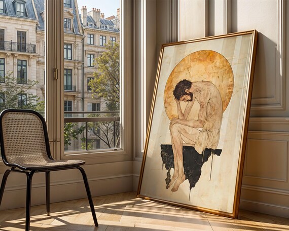 Contemplative Seated Man Sepia Watercolor Gold Circle Fine Art Poster