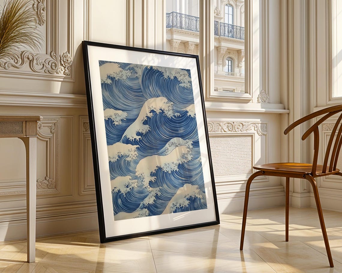 Japanese Blue Ocean Wave Pattern Poster in Classic Ukiyo-e Style - Image 3