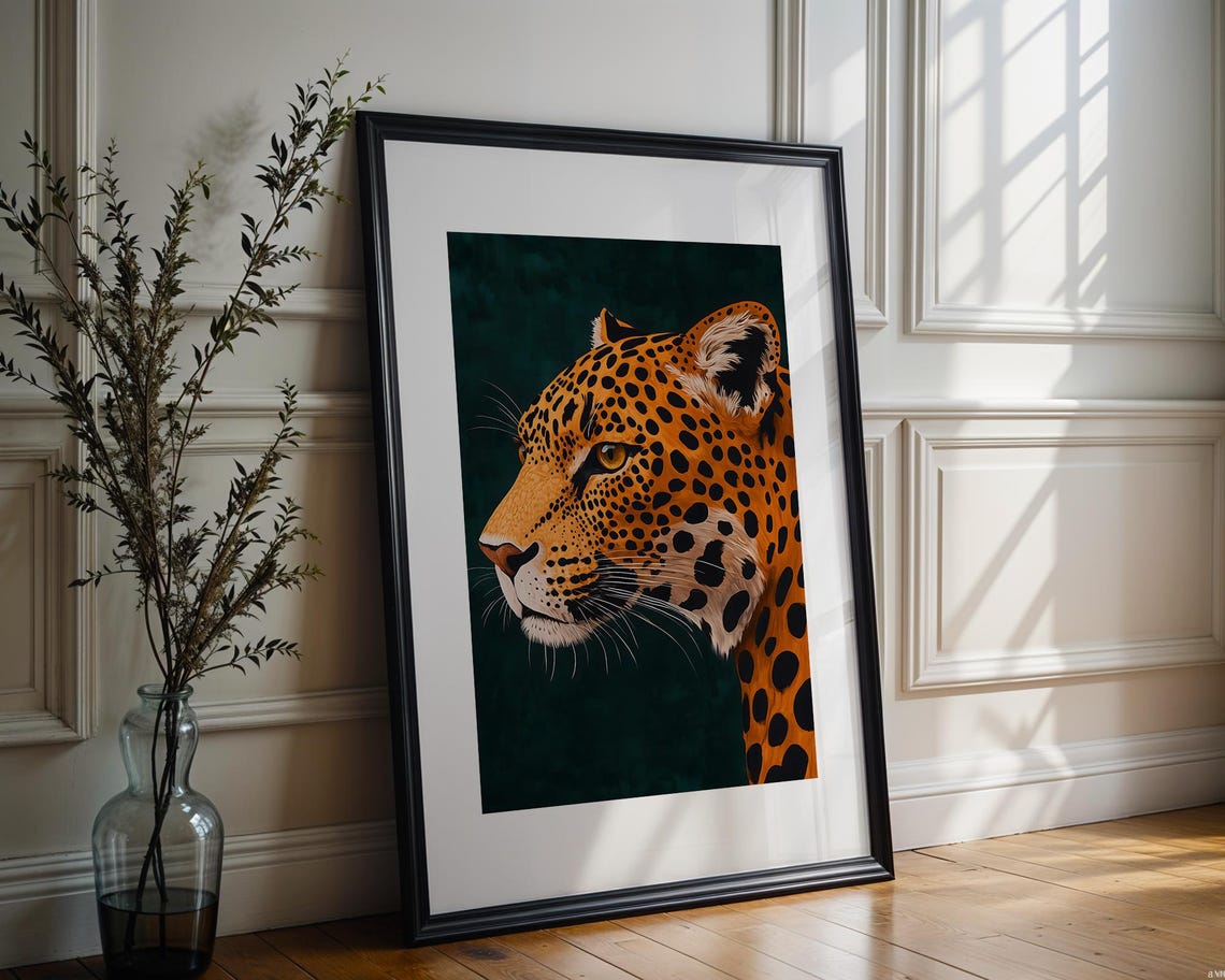Leopard Portrait Profile Dark Green Dramatic Wildlife Art Poster - Image 3