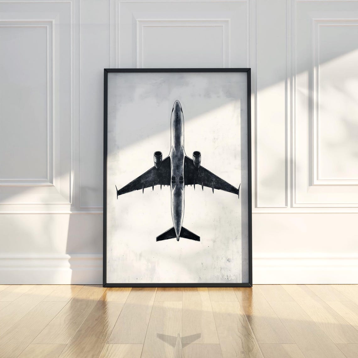 Airplane Top View Black White Sketch Aviation Wall Decor Art Poster