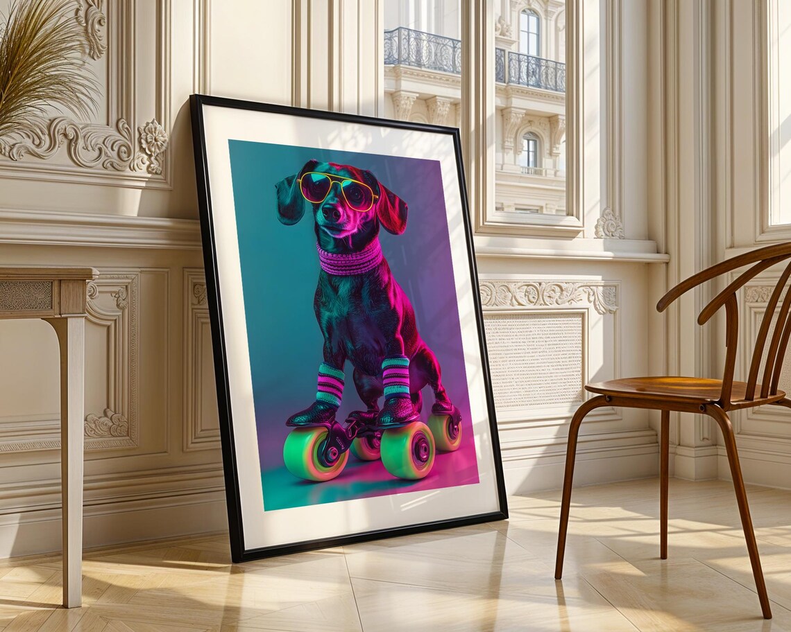 Cool Dachshund Neon Sunglasses Roller Skates Retro Pop Dog Wall Art