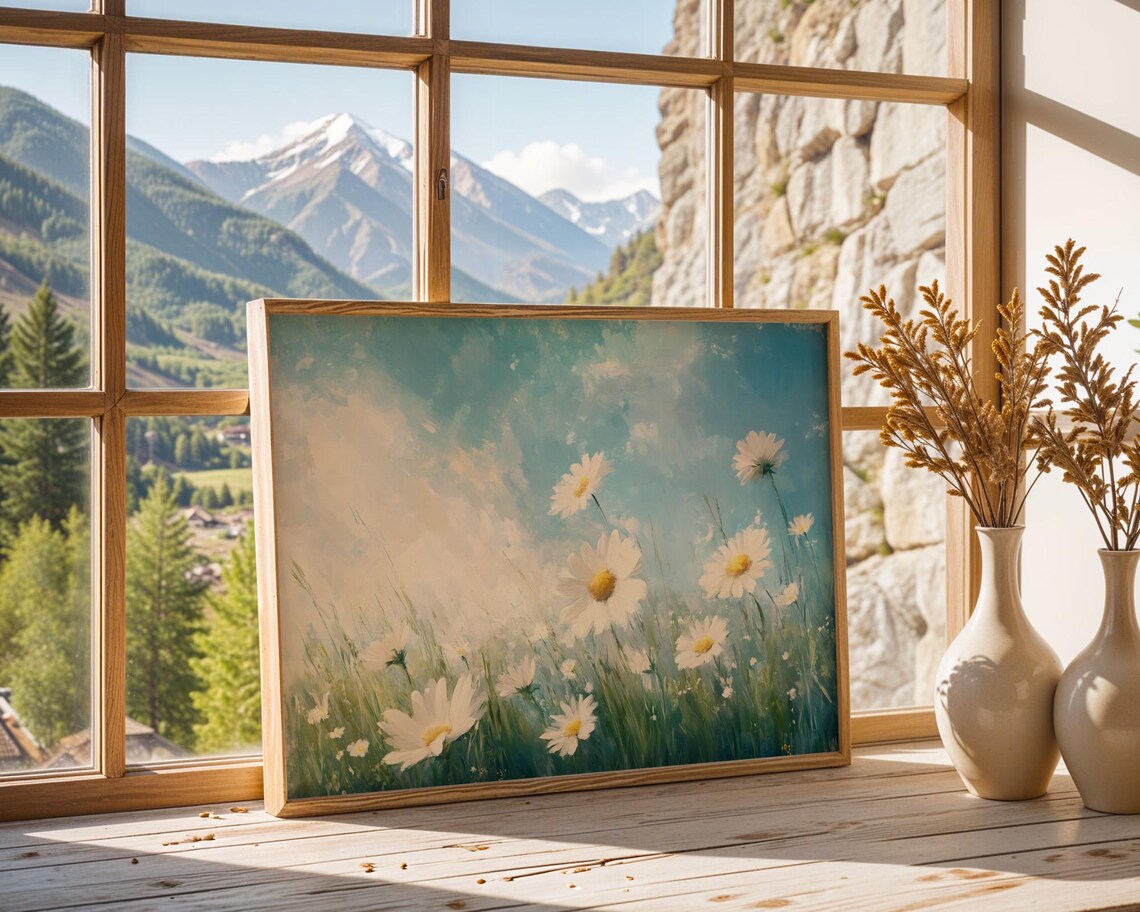 Bright Daisy Meadow Under Blue Sky Fresh Summer Floral Watercolor Poster - Image 3