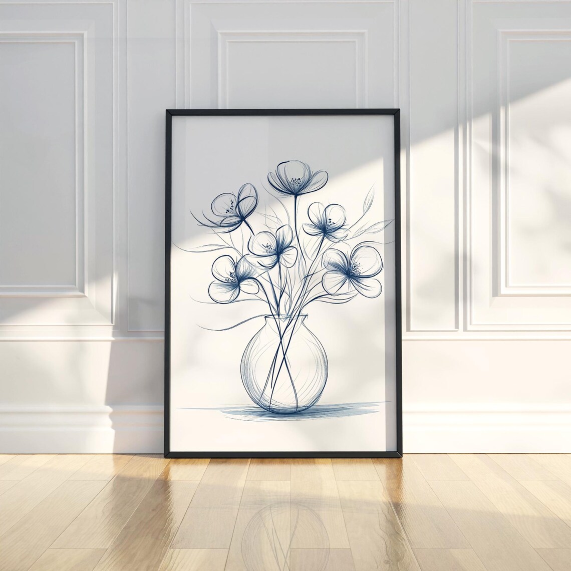 Blue Ink Poppy Flowers in Vase Art Poster for Minimalist Home Decor