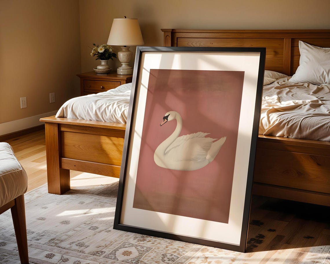 Vintage White Swan Dusty Rose Background Bird Painting Poster - Image 4