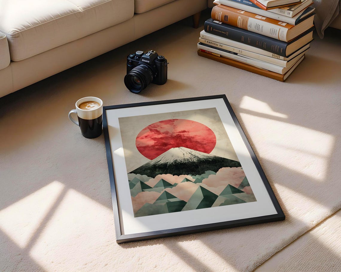 Mount Fuji Under Giant Red Sun Modern Geometric Japanese Poster - Image 5